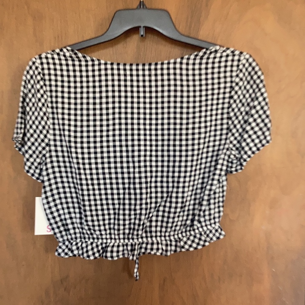 SO boho casual top black white check short sleeve cinch front casual L jr - Picture 11 of 15